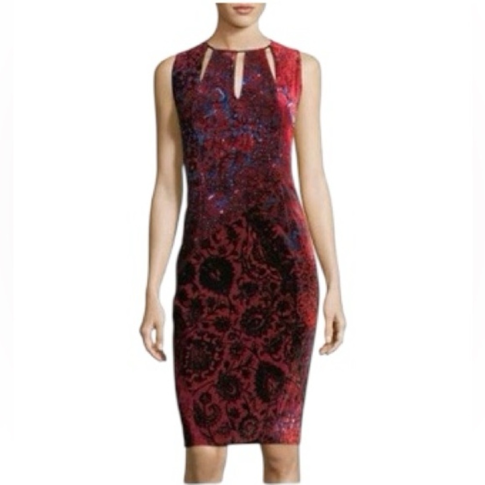 Elie Tahari Women Red Velvet Floral Cutout Sleeveless Sheath Cocktail Dress 10